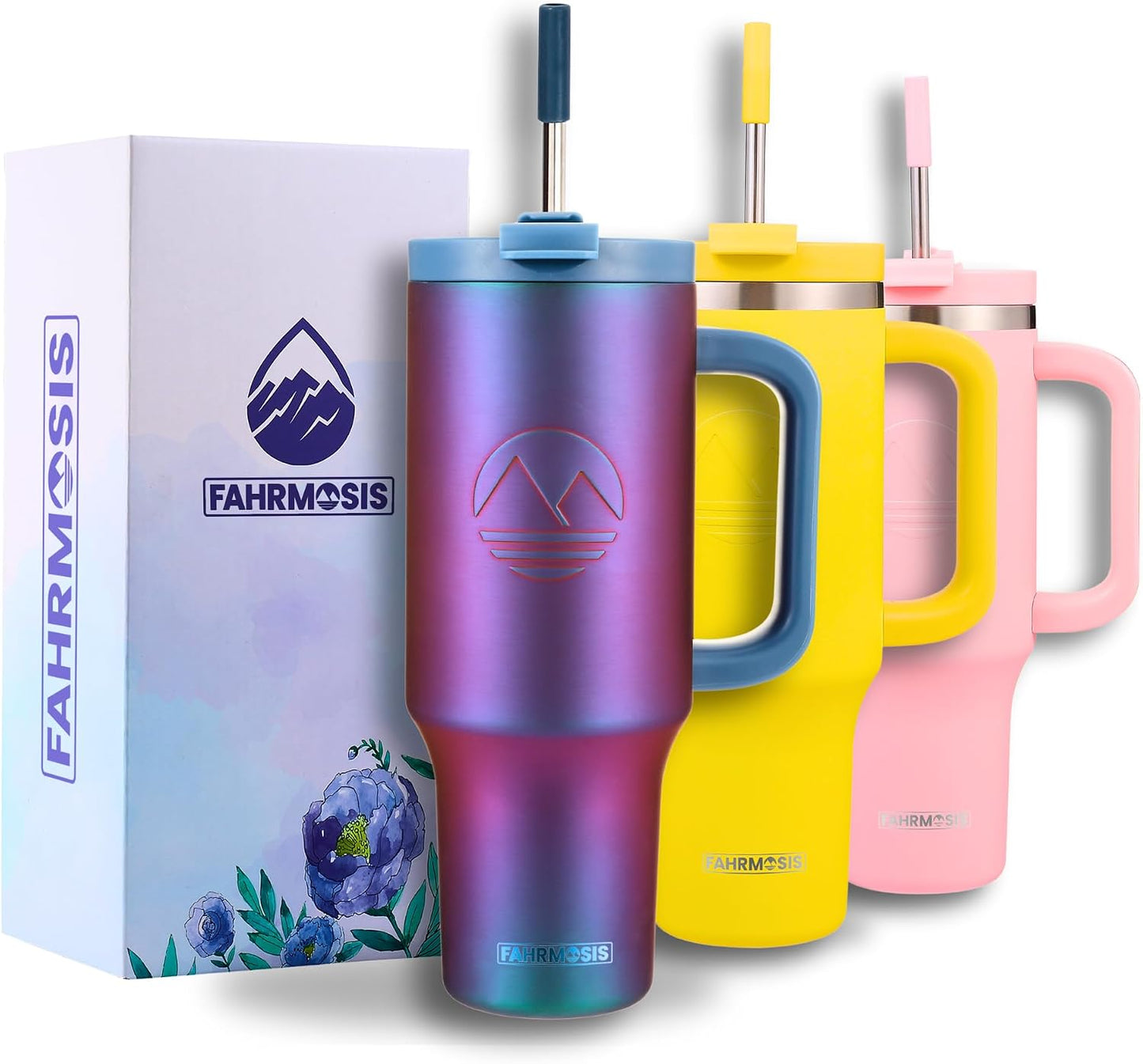 40 Oz Tumbler with Handle and Straw Insulated Cup that Fits in Cup Holder for Hot & Cold Drinks Leak Proof Tumbler with Straw Stainless Steel Travel Mug for Men & Women - Pink