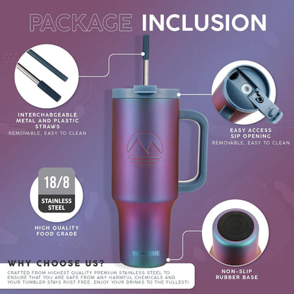 40 Oz Tumbler with Handle and Straw Insulated Cup that Fits in Cup Holder for Hot & Cold Drinks Leak Proof Tumbler with Straw Stainless Steel Travel Mug for Men & Women - Pink