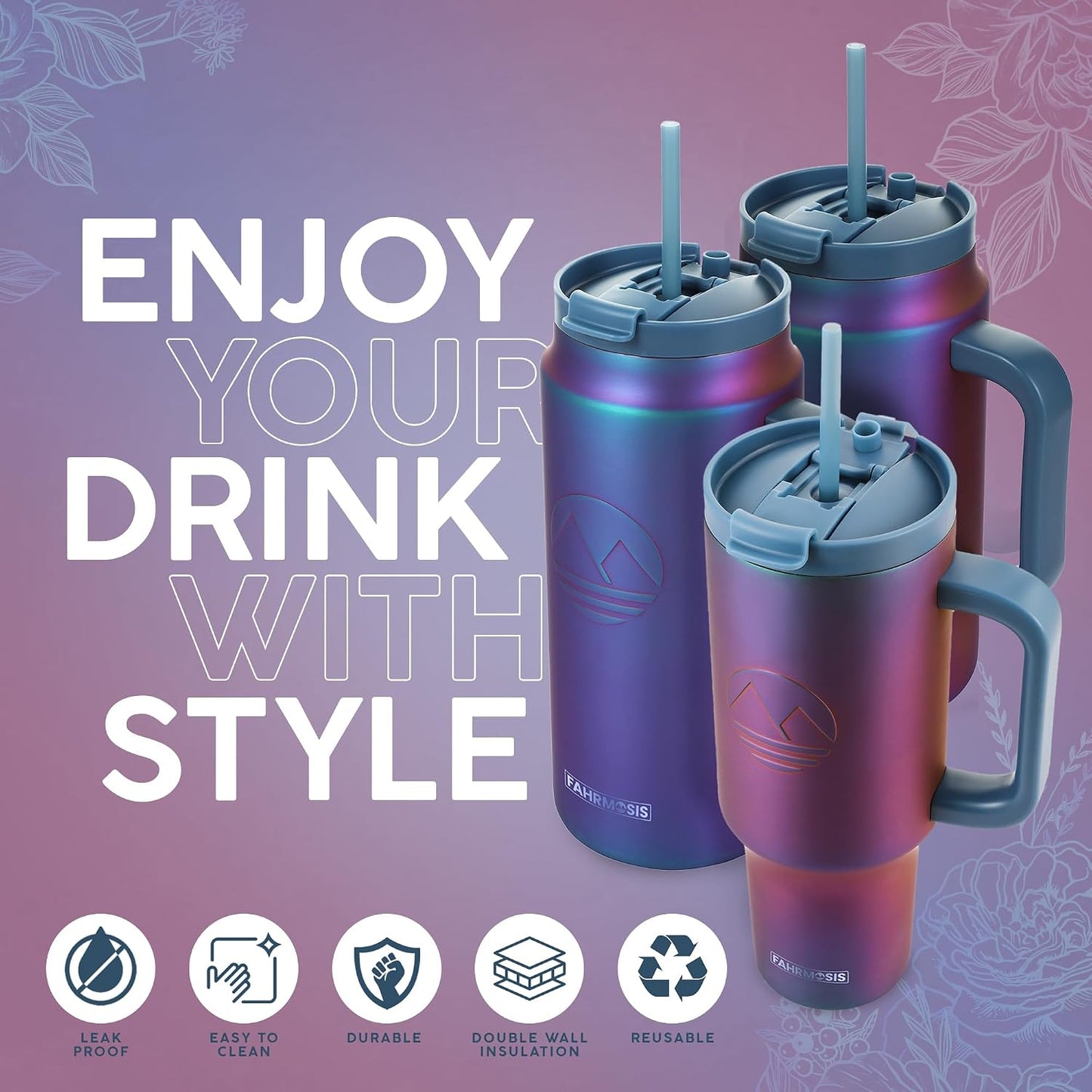 40 Oz Tumbler with Handle and Straw Insulated Cup that Fits in Cup Holder for Hot & Cold Drinks Leak Proof Tumbler with Straw Stainless Steel Travel Mug for Men & Women - Pink