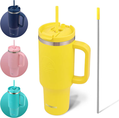 40 Oz Tumbler with Handle and Straw Insulated Cup that Fits in Cup Holder for Hot & Cold Drinks Leak Proof Tumbler with Straw Stainless Steel Travel Mug for Men & Women - Pink