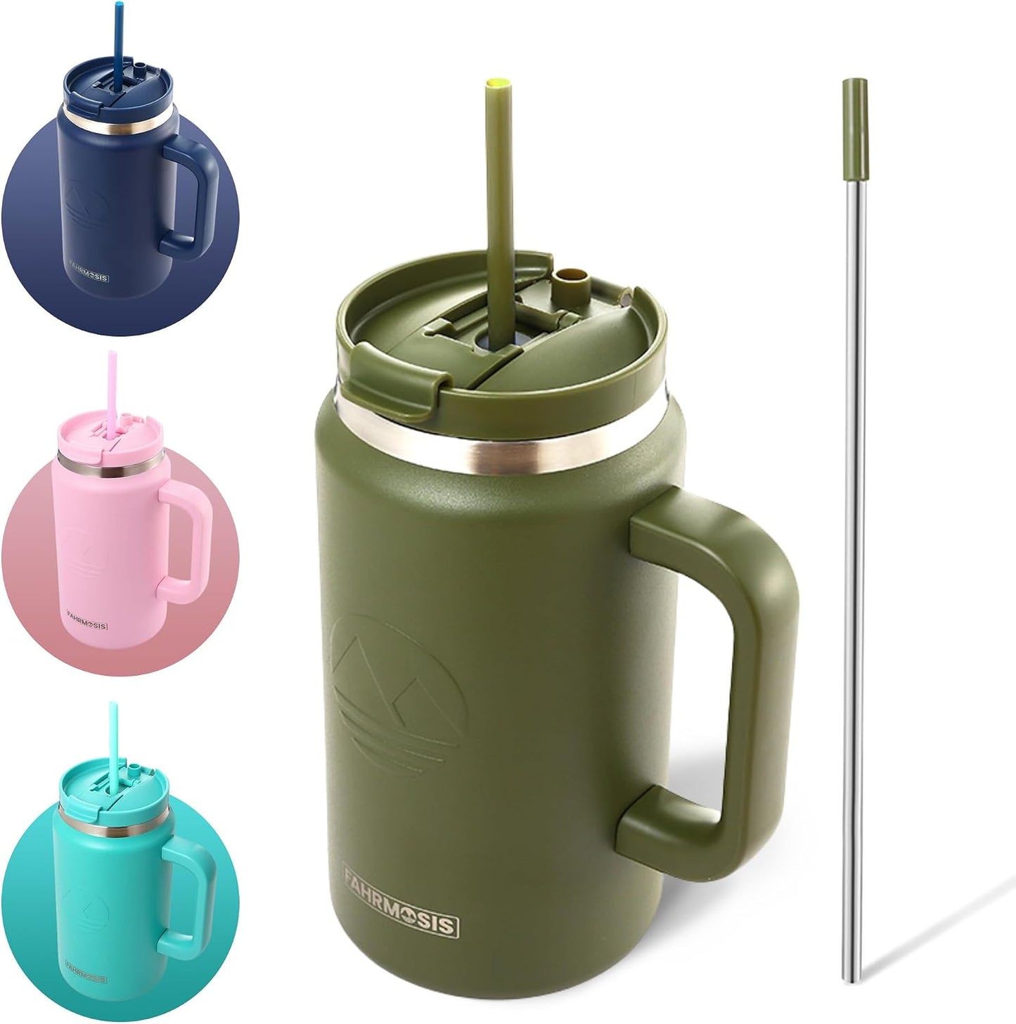 40 Oz Tumbler with Handle and Straw Insulated Cup that Fits in Cup Holder for Hot & Cold Drinks Leak Proof Tumbler with Straw Stainless Steel Travel Mug for Men & Women - Pink