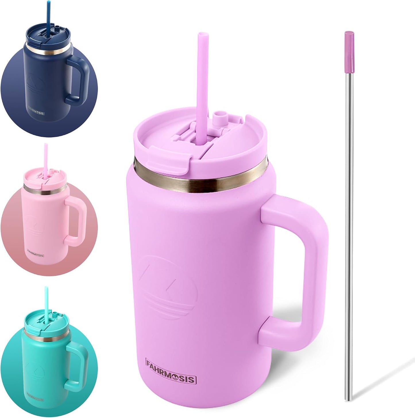 40 Oz Tumbler with Handle and Straw Insulated Cup that Fits in Cup Holder for Hot & Cold Drinks Leak Proof Tumbler with Straw Stainless Steel Travel Mug for Men & Women - Pink