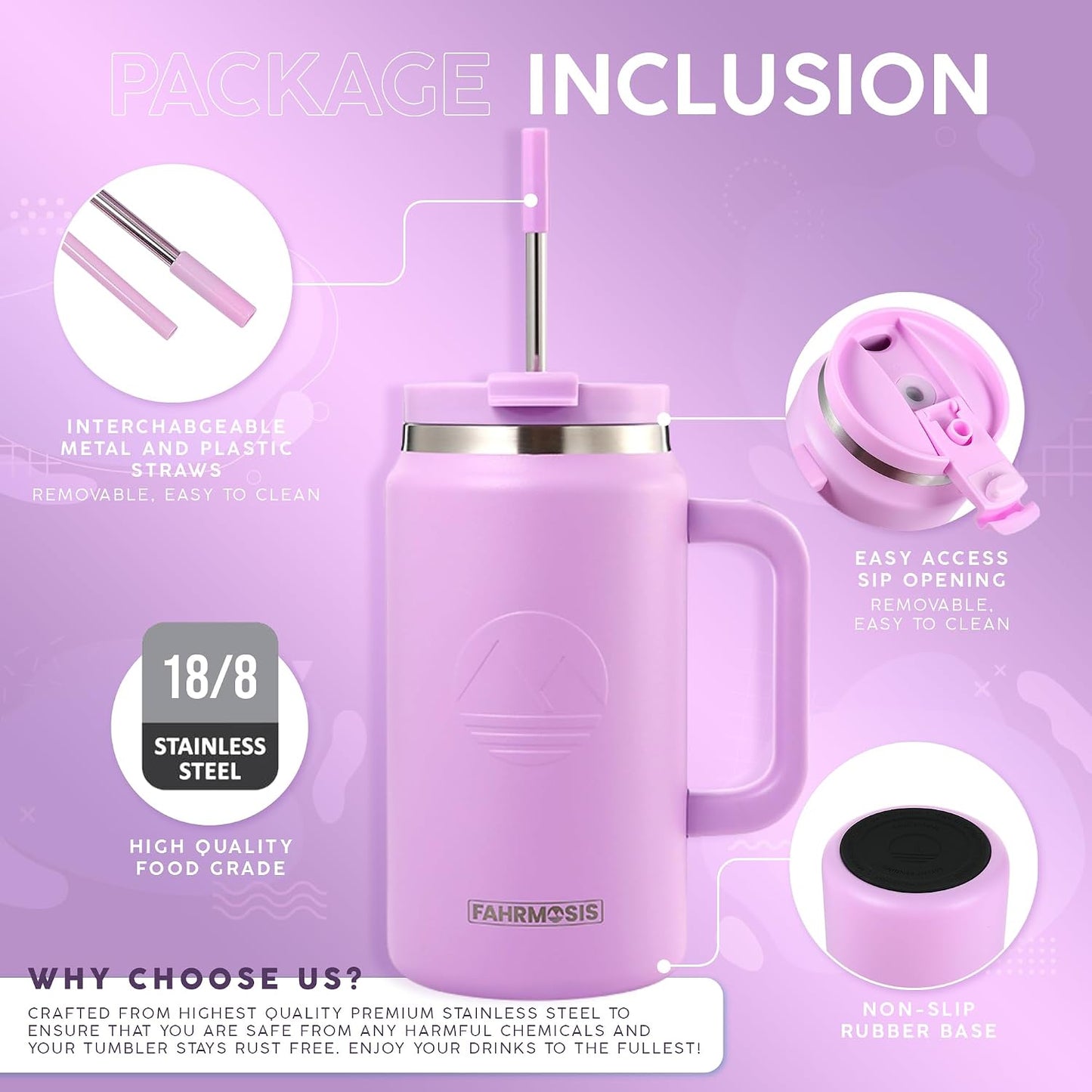 40 Oz Tumbler with Handle and Straw Insulated Cup that Fits in Cup Holder for Hot & Cold Drinks Leak Proof Tumbler with Straw Stainless Steel Travel Mug for Men & Women - Pink