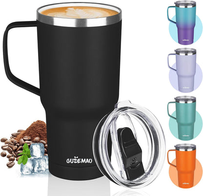 20 oz Insulated Coffee Mug with Ceramic Coating, Stainless Steel Travel Mug Tumbler with Handle Lid and Straw, Double Wall Leak-Proof Coffee Travel Mug Keeps Drink Hot and Cold (Black)