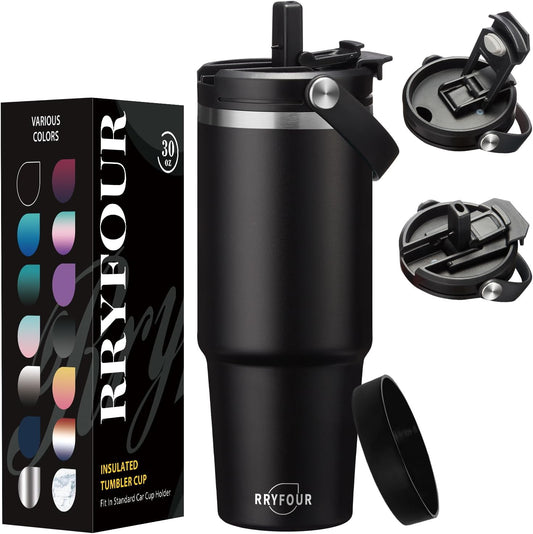 30 oz Tumbler with Handle and Straw - Keep Cold 36H & Hot 12H, Metal Coffee Cup with Lid (Straw & Flip Lid), 30oz Insulated Stainless Steel Thermal Mug, Leak-proof Travel Water Bottle