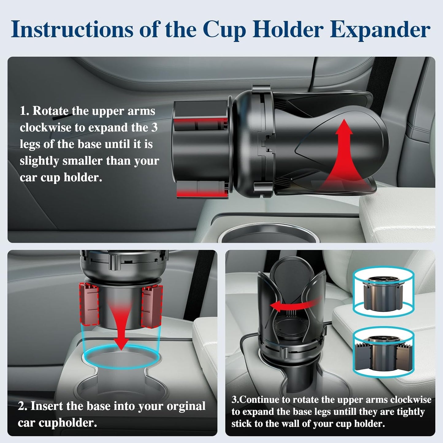 Car Cup Holder Expander, Cup Holder Extender Adapter with Expandable Arm and Adjustable Base, Compatible with Yeti Ramblers 14-64oz, Hydro Flasks 18-64oz Most Coffee Mugs Bottles & Cups