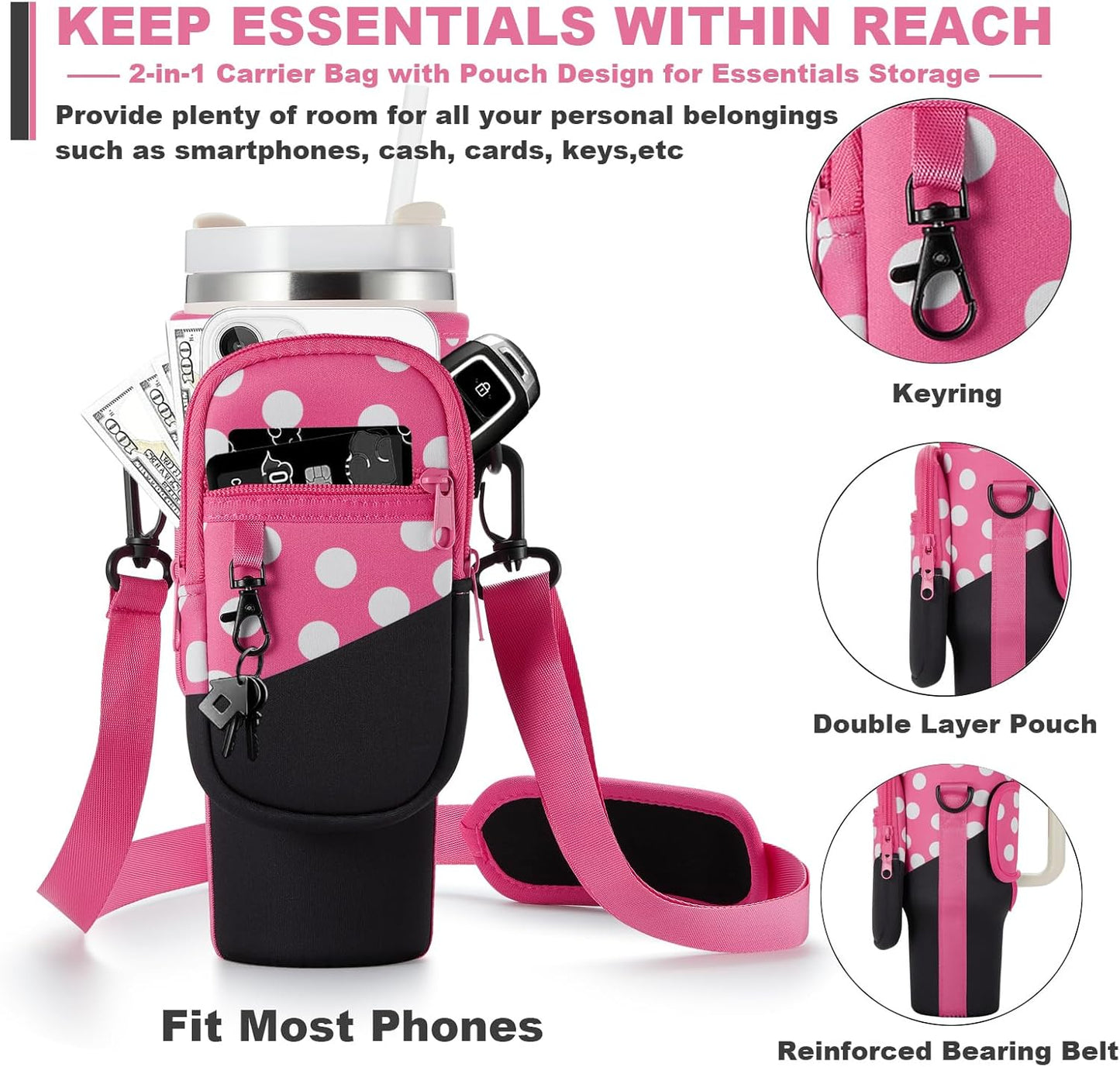 BULKITEM Water Bottle Carrier Bag with Phone Pocket for Stanley 40 & 30 oz Tumbler with Handle,Pink Insulated Neoprene Cup Holder Pouch w/Adjustable Strap for Quencher H2.0 Stanley Cup Accessories