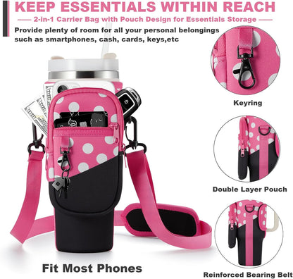 BULKITEM Water Bottle Carrier Bag with Phone Pocket for Stanley 40 & 30 oz Tumbler with Handle,Pink Insulated Neoprene Cup Holder Pouch w/Adjustable Strap for Quencher H2.0 Stanley Cup Accessories