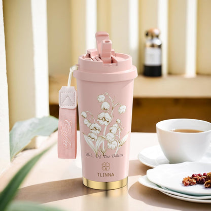 [2-IN-1 LID] Travel Mug,Coffe mug,Coffe cup,Ceramic coating Lined,316 Stainless Steel,BPA Free,Vacuum Insulated Tumbler for Water, Iced Tea or Coffee, Smoothie and More (Peony-White, 18 Onuces)