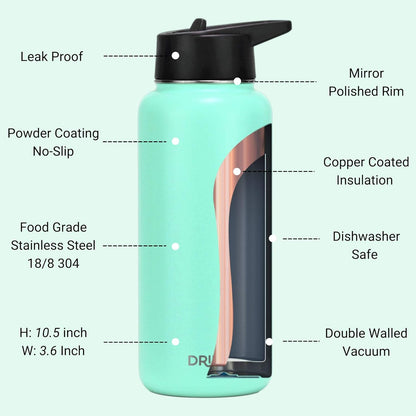 Drinco Stainless Steel Water Bottle Spout Lid Vacuum Insulated Double Wall Water Bottle Wide Mouth (40oz 32oz 22oz 18oz 14oz) Leak Proof Keep Cold Sport Camping Hiking (22 oz, 22oz Black)