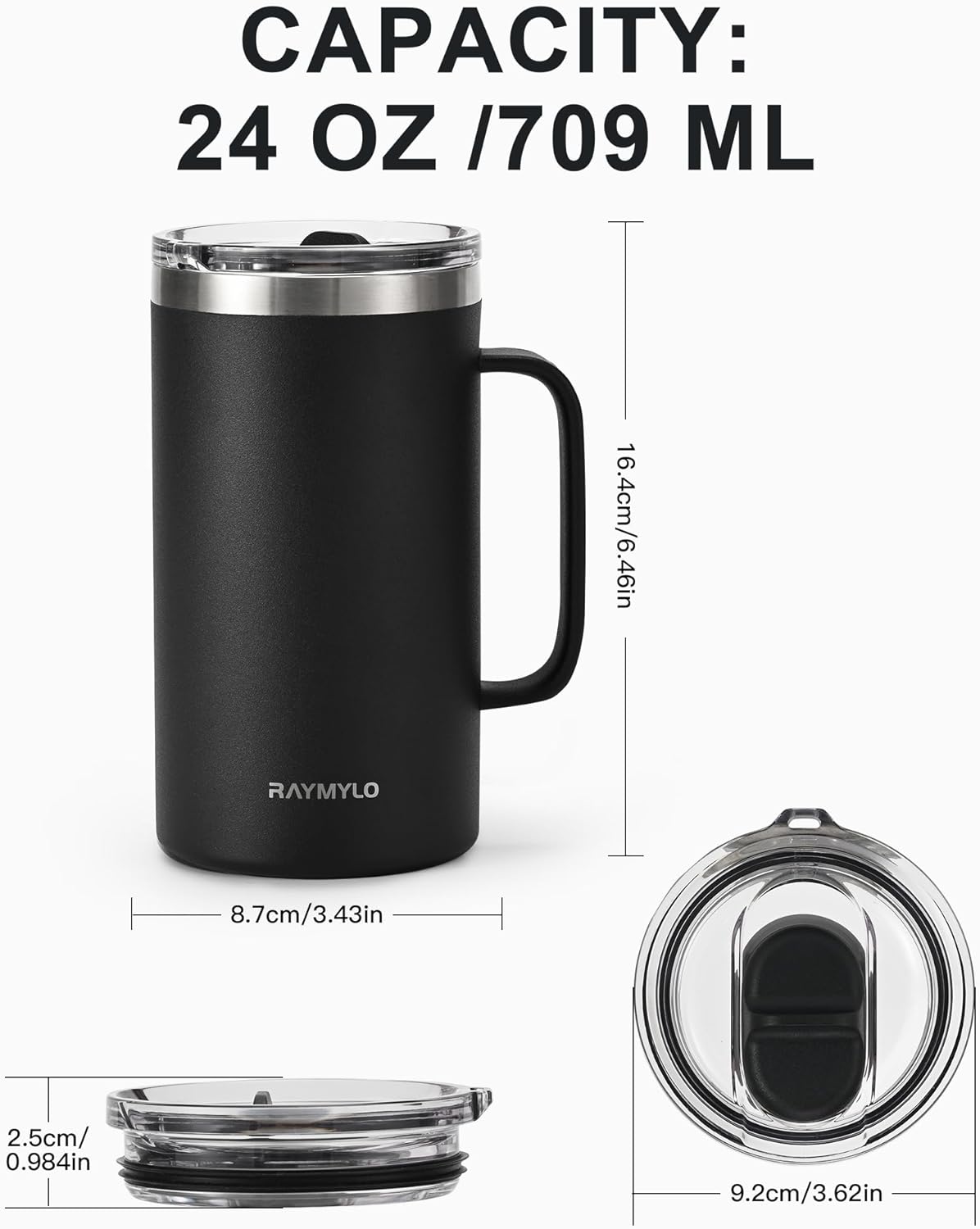 RAYMYLO Insulated Coffee Mug 12 oz, Double Wall Stainless Steel Coffee Mug with Lids, Leak-Proof & Detachable Slider Lid for Thorough Clean, Keeps Coffee Cold for 9 Hrs, Suitable for Camp Home Office