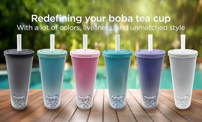 Bumbler Original Boba Tea Cup - 24oz Double-Walled Plastic Reusable Tumbler with Extra Wide Straw & Leak-Proof Lid - BPA-Free Smoothie & Iced Coffee Travel Mug - Blush Pink
