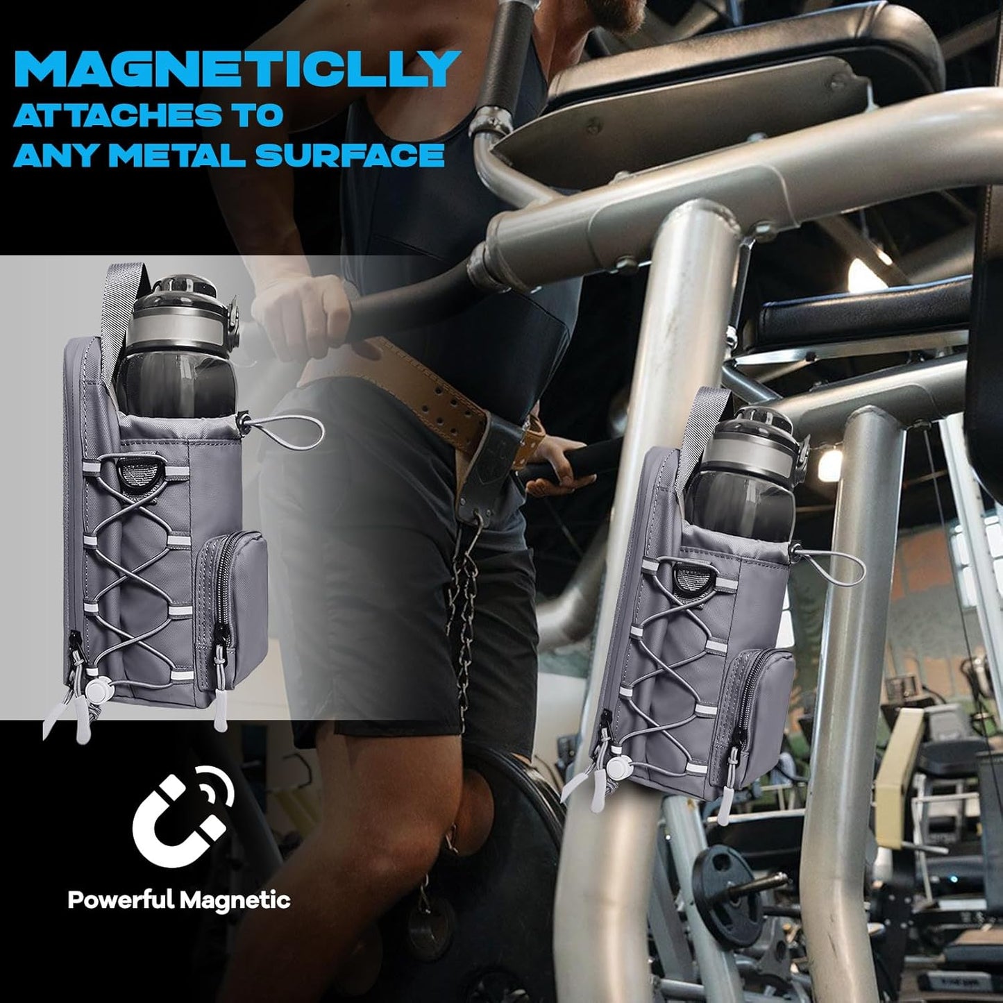 JACZZO Magnetic Gym Bag for Men and Women, Magnetic Water Bottle Holder for Gym, Small Gym Bag, Gym Gifts for Women and Men (Black, <40 OZ)