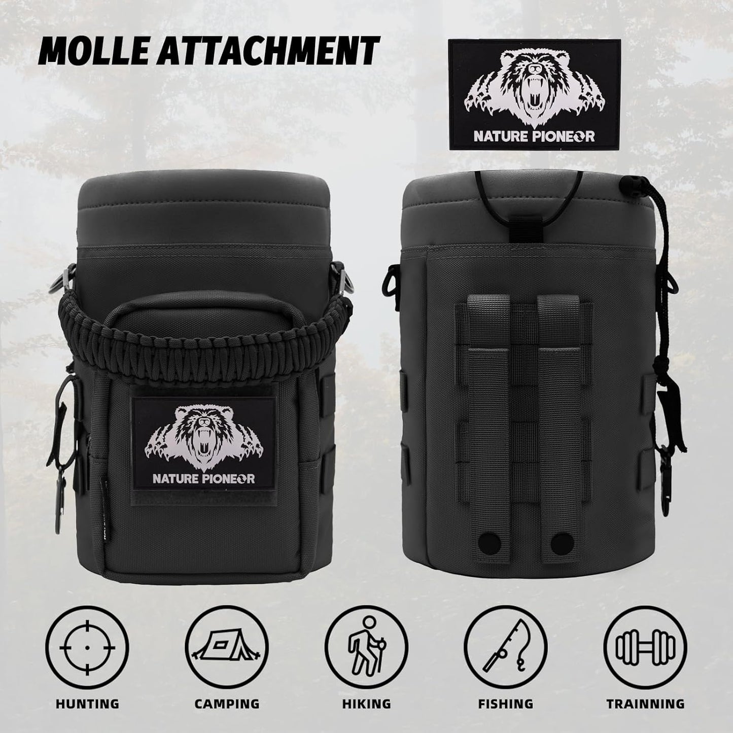 NATURE PIONEOR 32 64 128oz Tactical Water Bottle Pouch, Multi-Function Tactical Water Bottle Bag with Adjustable Shoulder Strap, Half/One Gallon Molle Strap Carrier Holder
