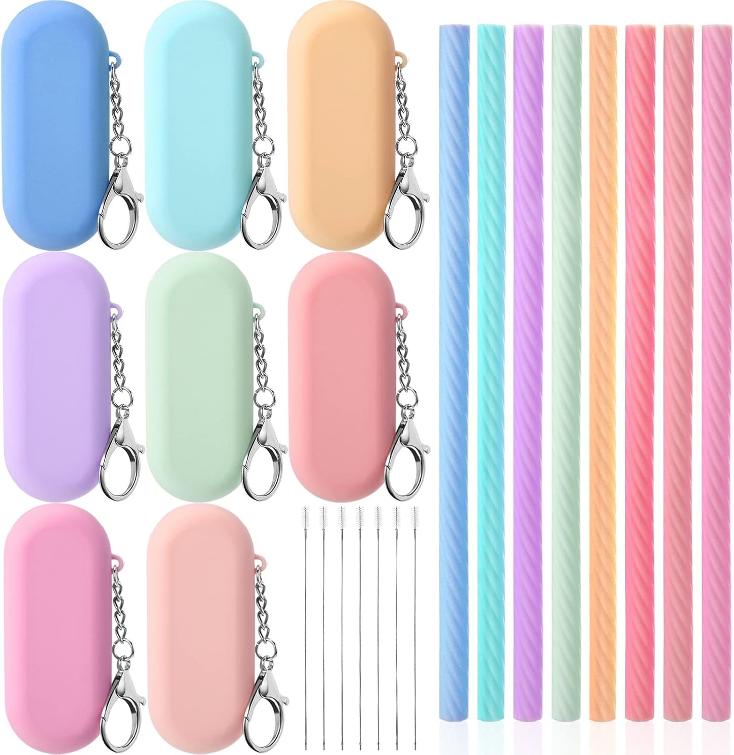 Meanplan 8 Set Cruise Ship Essentials,Silicone Straws with Case Reusable Foldable Portable Drinking Straw for Party Travel Cold or Hot with Carry Case and Cleaning Brushes (Rainbow Colors)