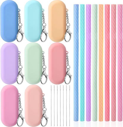 Meanplan 8 Set Cruise Ship Essentials,Silicone Straws with Case Reusable Foldable Portable Drinking Straw for Party Travel Cold or Hot with Carry Case and Cleaning Brushes (Rainbow Colors)