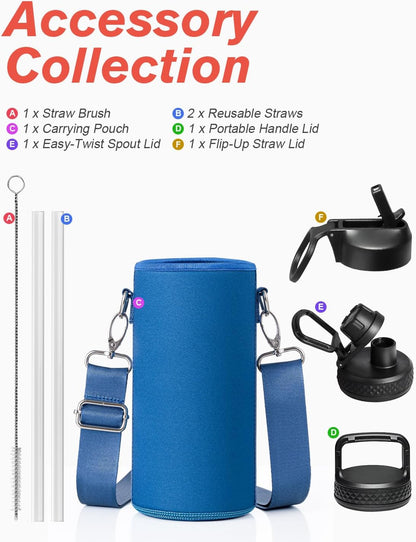 Half Gallon Water Bottle Insulated with Straw & 3 Lids, Coolflask 64 oz Water Jug Large Metal Stainless Steel Wide Mouth for Sports, Gym or Office, Non-BPA Keep Cold 48H Hot 24H, Samurai Cyan
