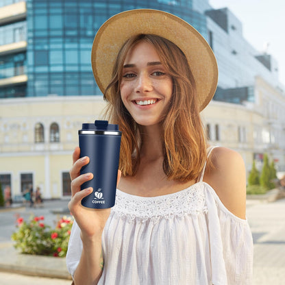 Insulated Travel Coffee Mug Reusable Coffee Tumbler Cup with Flip Lid Leak Proof Spill Proof for Office School Party Camping Hot and Cold Drink,Stainless Steel 17oz (Black)
