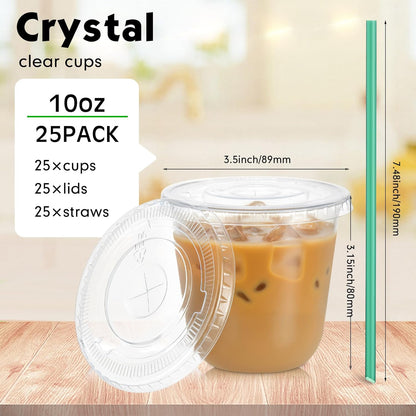 Baderke 25 Set Plastic Cups with Lids and Straws, Disposable Plastic Iced Coffee Cup for Cold Beverage Juice Smoothie Crystal for Coffee Shops Party Catering(Clear,16 oz)