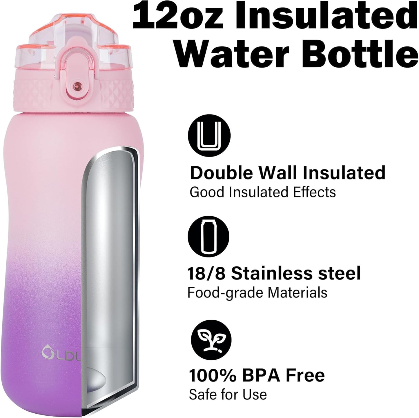 Oldley Insulated Water Bottle 20oz for Adults Kids Stainless Steel Water Bottles with Straw/Chug/Carabiner 3 Lids Fruit Strainer Double Wall Vacuum Wide Mouth BPA Free Leak-Proof for School Travel