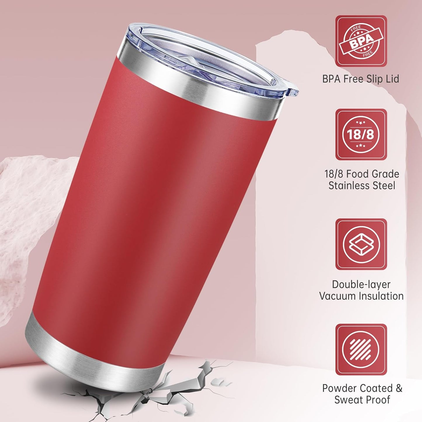 20 oz Tumblers Bulk Stainless Steel Tumbler with Lid Double Wall Vacuum Insulated Coffee Mug 20oz Powder Coated Cup for Hot and Cold Drinks, Stainless, 6 pack