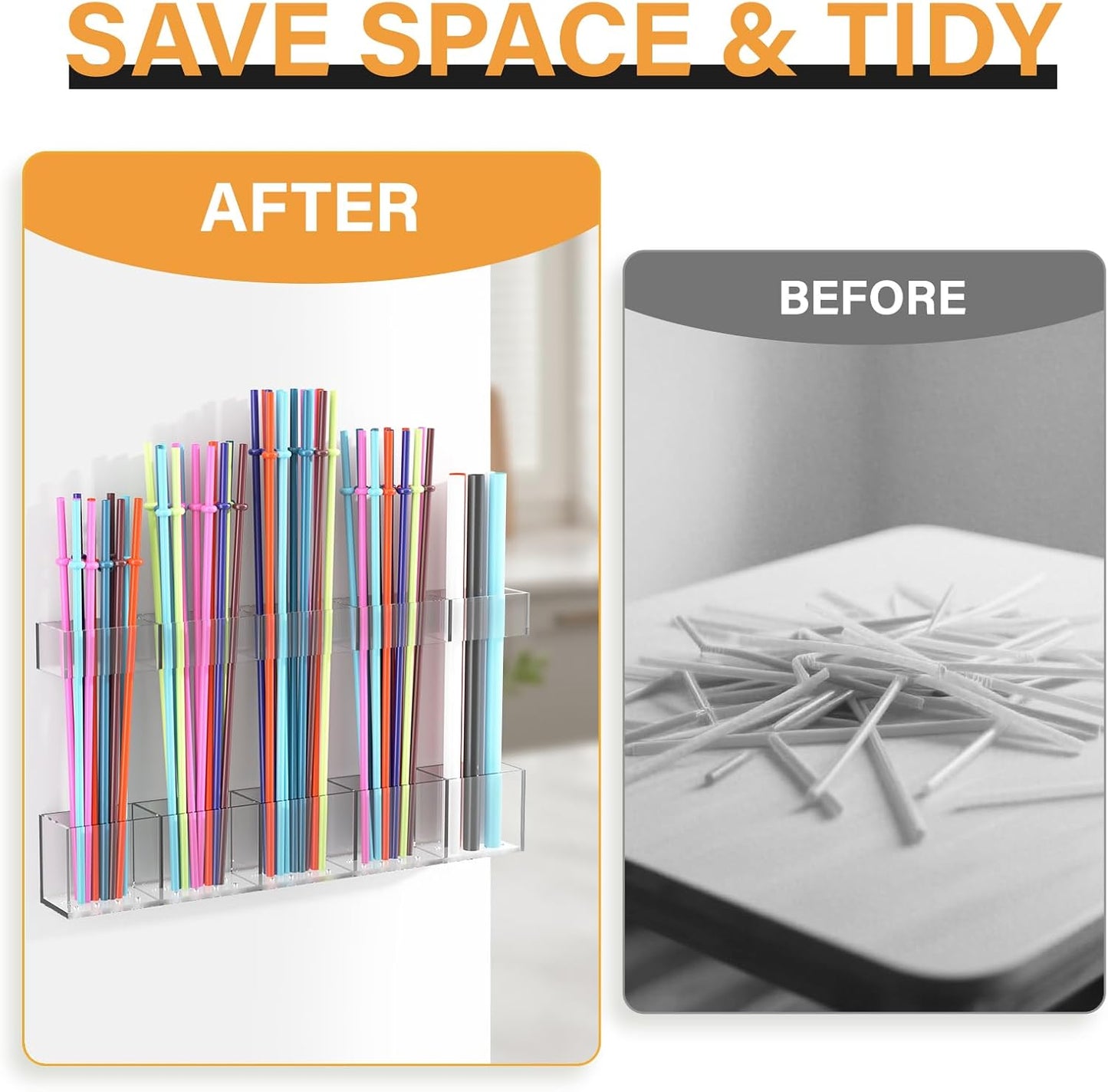 Straw Holder for Cabinet Door, Reusable Tumbler Straw Organizer Storage Container Mount for Kitchen Counter Cupboard Door (Transparent, 9.5inch)