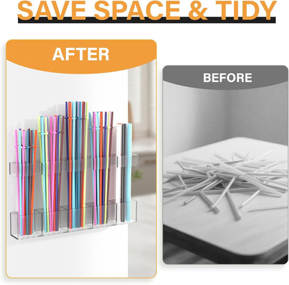 Straw Holder for Cabinet Door, Reusable Tumbler Straw Organizer Storage Container Mount for Kitchen Counter Cupboard Door (Transparent, 9.5inch)