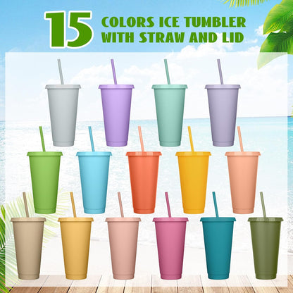 Honeydak 15 Pack Tumbler with Straw and Lid Bulk Cups for Gifts Water Bottle Iced Coffee Travel Mug Cup Reusable Plastic Tumblers for Party Birthdays 24-27 oz (Solid Color)