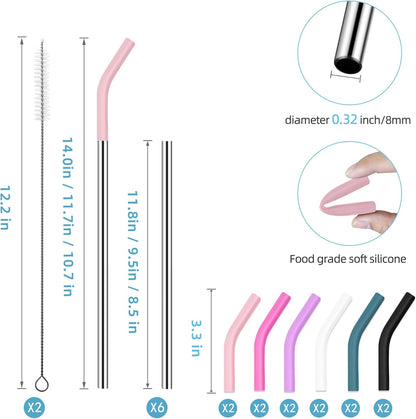 40 oz Stainless Metal Straws for 40 oz Stanley Tumbler, 6Pcs Reusable Straight Long Steel Straws with 12 Silicone Tips and 2 Straw Cleaning Brushes (6Color1, 40oz)