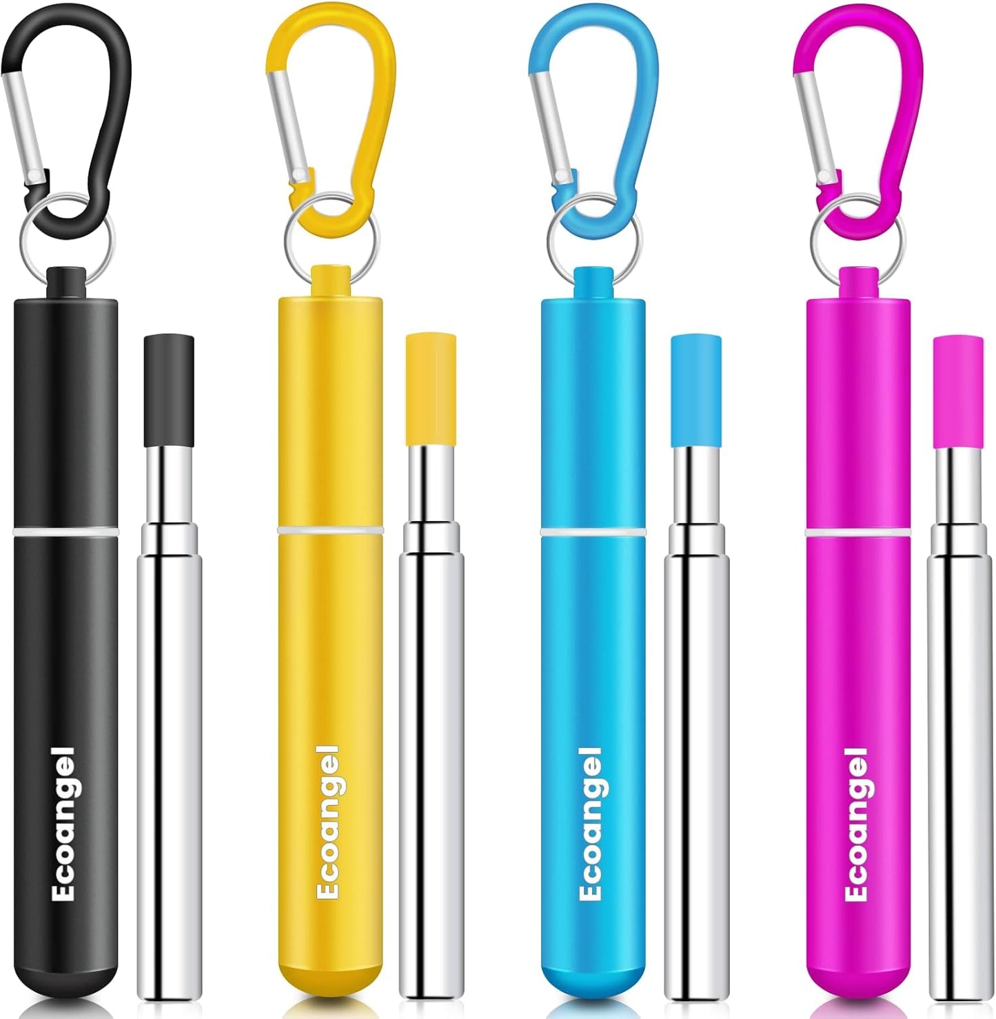 Ecoangel Cruise Ship Essentials,4-Pack reusable Collapsible Stainless Steel Drinking Straws with Aluminum Case,Cleaning Brush,and Keychains-Silver,Blue,Red,Green