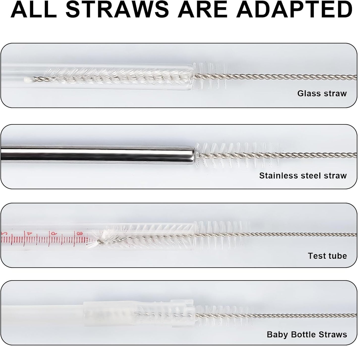 Straw Cleaner Brushes Sets, 12 Pieces 8.2 Inch Botthle Cleaning Brush and Nylon Tube Brush Brush Kit for Sippy Cup, Tumbler, Water Bottle, Drinking Straw (Black)