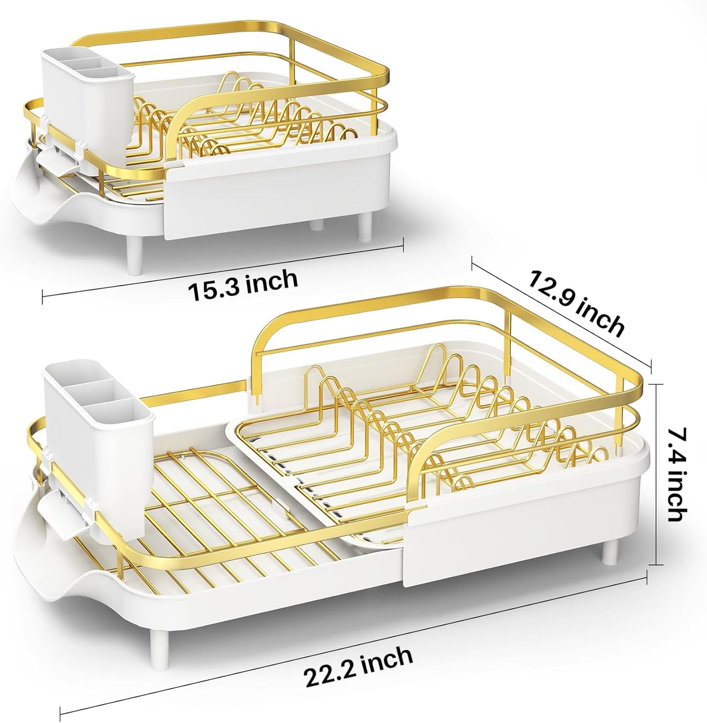 SAYZH Dish Drying Rack - Expandable Dish Rack for Kitchen Counter, Rust-Resistant Dish Drainer with Utensil Holder and Raised Guardrail, Kitchen Organizer for Cup and Bottle (Black)