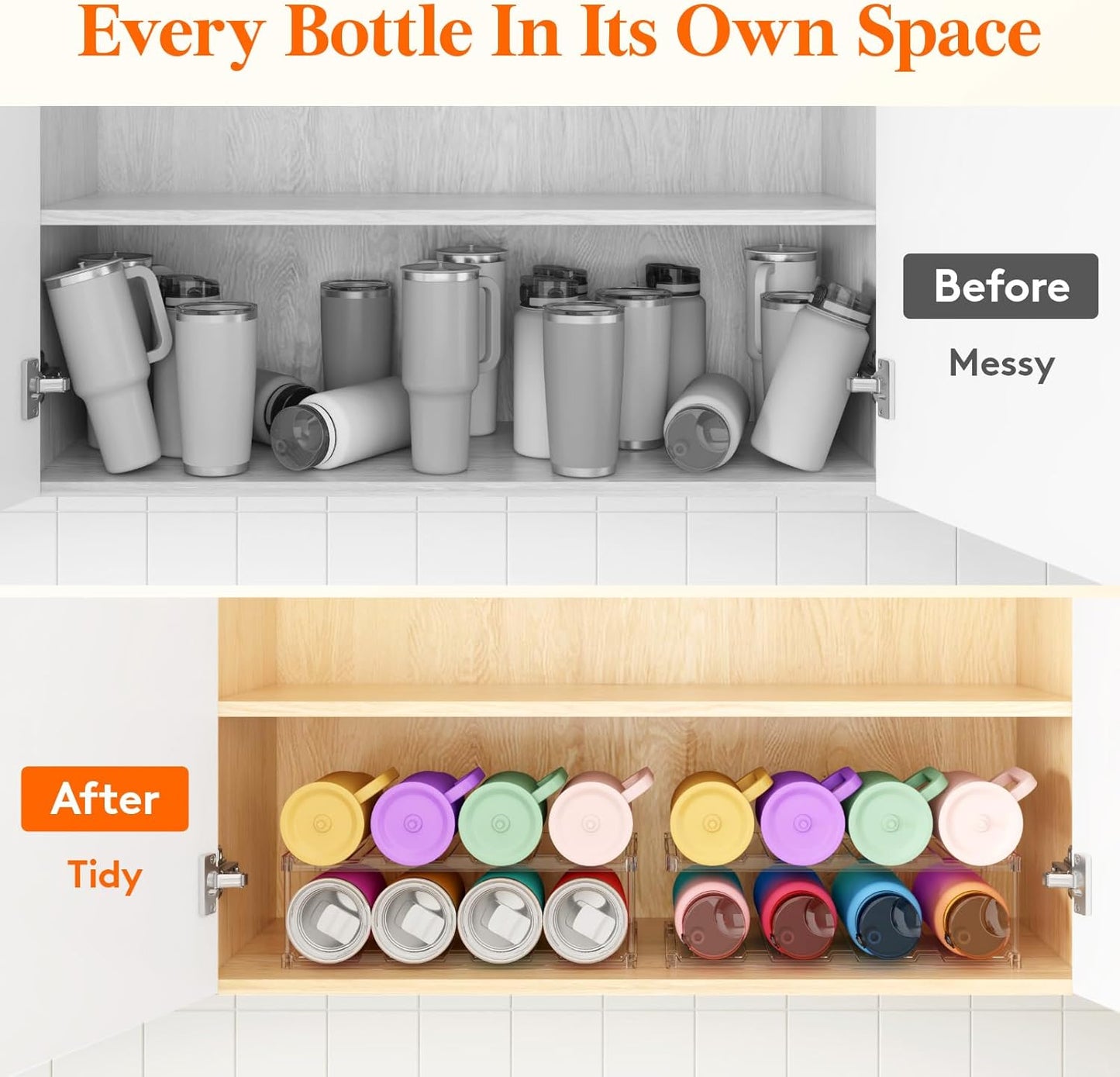 Lifewit Stackable Bottle Storage Organizer, Clear Freestanding Wine Holder for Cabinet, Large Slot Water Bottle Tumbler Cup Organizer for Pantry, Plastic Wine Rack for Fridge Cellar, 3Tier Hold 9
