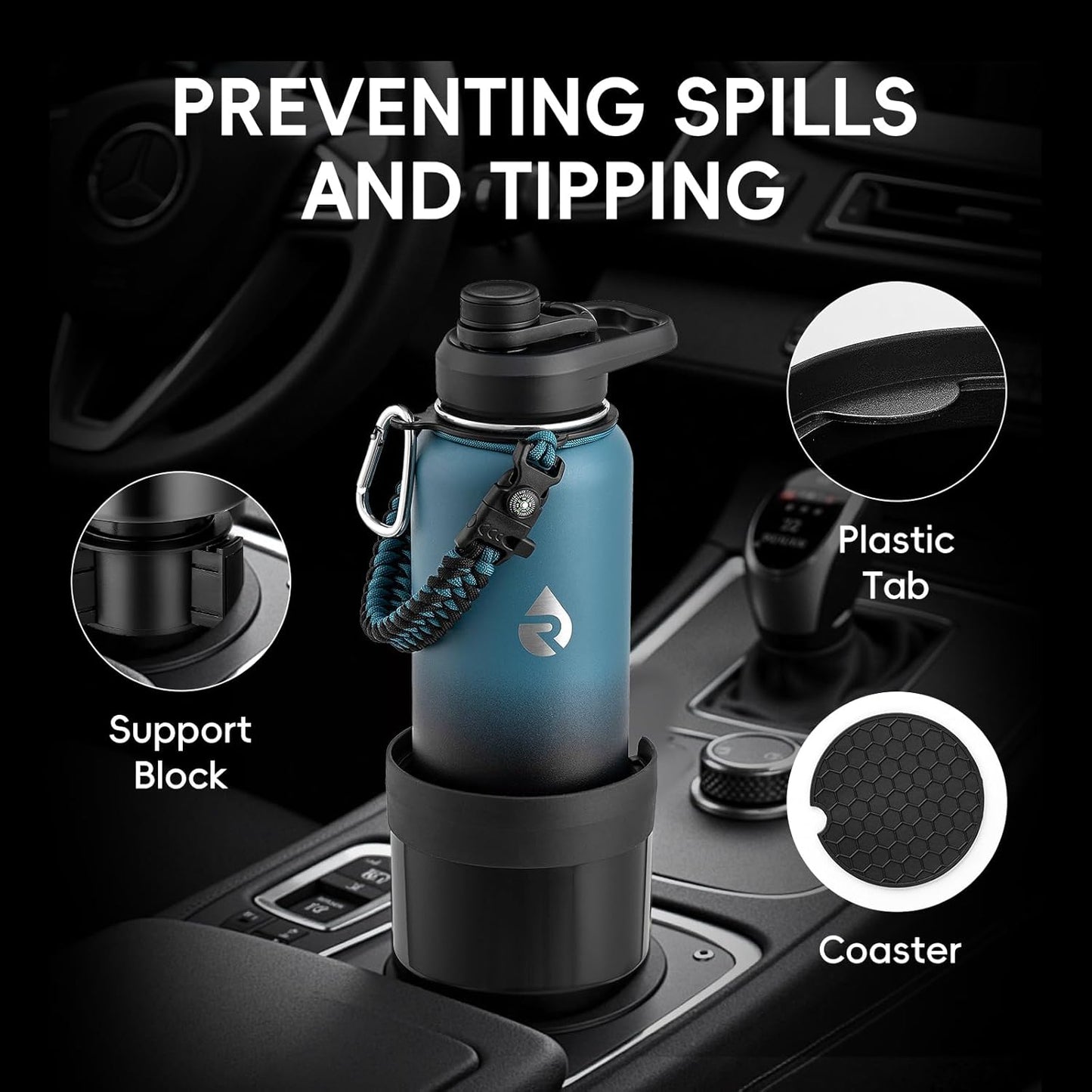 RAYMYLO Car Cup Holder Expander with Adjustable Base, Cup Holder Insert for Car Compatible with Most 32/40 Oz Water Bottles 12 oz/24 oz Coffee Mugs Tumblers 3.4 to 3.78 in Diameter, 1 Pack Black