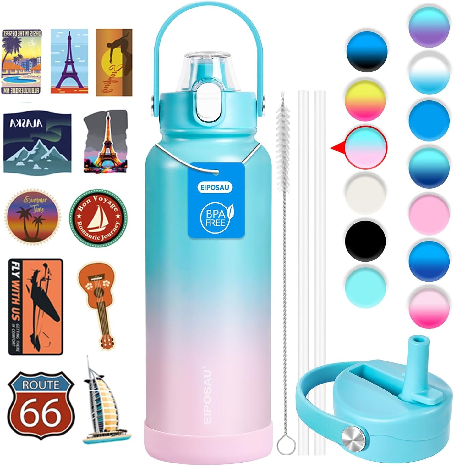 Insulated Water Bottle with Lid & Boot & Stickers, 24 oz Stainless Steel Sweat Free Bottle Keep Cold 24H, BPA-Free Sports Wide Mouth Water Bottle, BlueBlack
