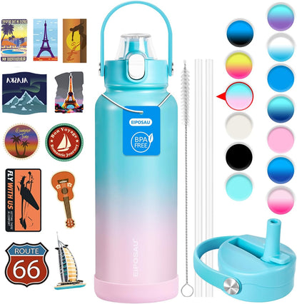Insulated Water Bottle with Lid & Boot & Stickers, 24 oz Stainless Steel Sweat Free Bottle Keep Cold 24H, BPA-Free Sports Wide Mouth Water Bottle, BlueBlack