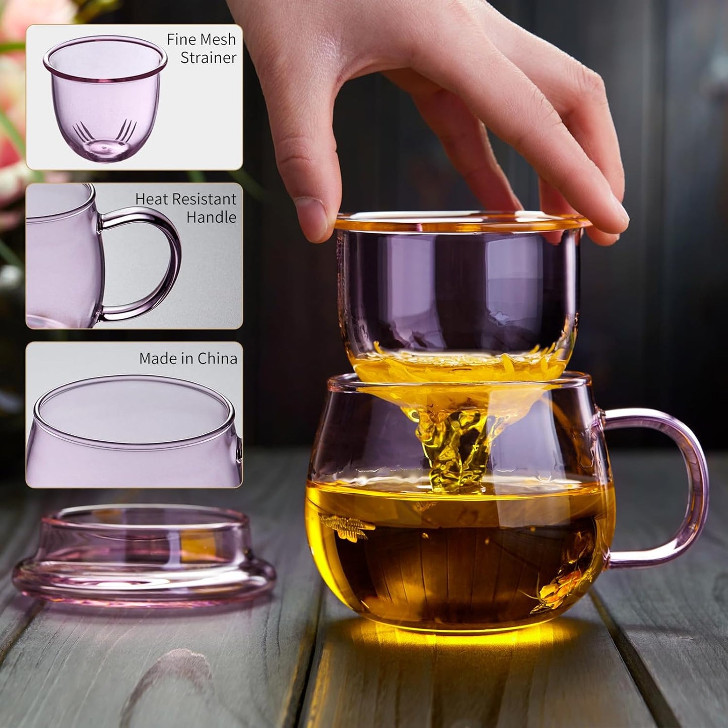 DOPUDO Glass Tea Cup with Infuser and Lid, 17.6oz/520ml Large Borosilicate Teacup,Tea Glass, Clear Mug for Loose Leaf Tea, Blooming Tea, Microwave & Dishwasher Safe - Tea Maker Gift for Birthday.