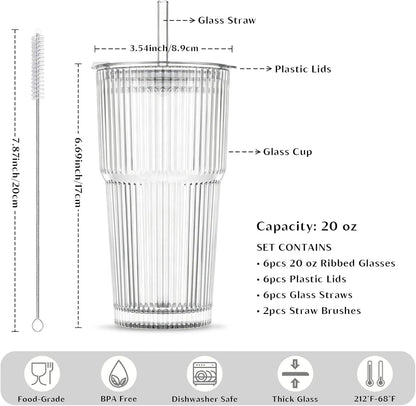 INSETLAN 20 oz Ribbed Glass Tumblers with Lids and Glass Straws – 4-Piece Glassware Set, Thickened Wall, Ideal for Iced Coffee, Smoothies, Cocktails, and Juices – Elegant and Durable Drinkware