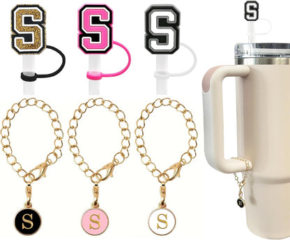 （3 +3) 3PCS Nuozme Straw Cover 10mm For Stanley Tumbler Cup Reusable Straw Cap Topper with 3 Initial Letter Charms Accessories Name ID Personalized Handle Charm For Stanley 30&40 Oz Cup Tumbler - Colors A