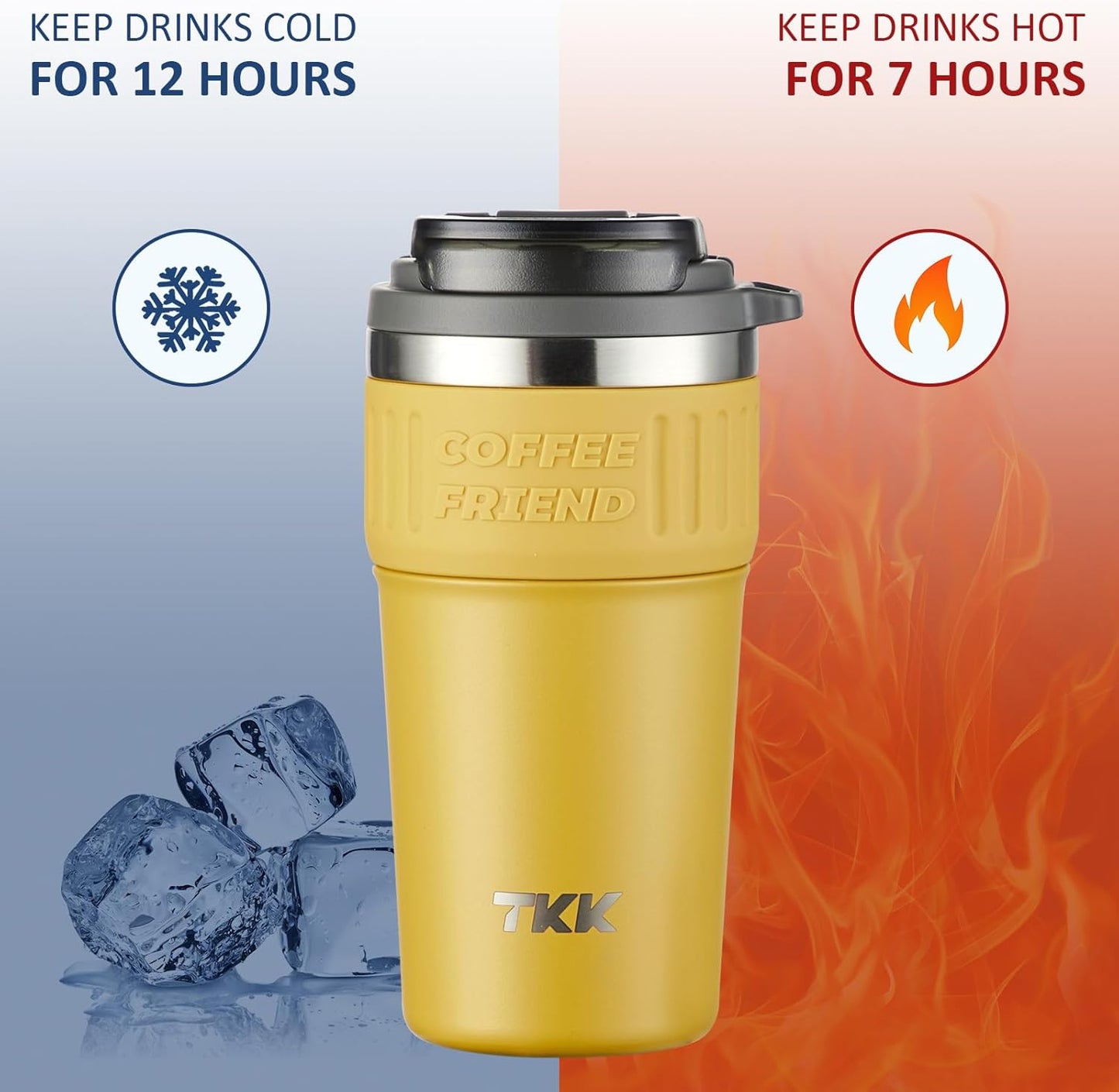 TKK Insulated Coffee Mug with Ceramic Coating, 21oz Iced Coffee Tumbler Cup with Straw Lid Double Wall Vacuum Leak Proof Travel Mug with Strap for Hot and Iced Beverage, Tungsten Steel