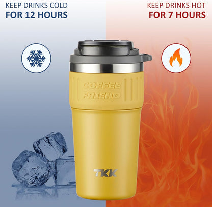 TKK Insulated Coffee Mug with Ceramic Coating, 21oz Iced Coffee Tumbler Cup with Straw Lid Double Wall Vacuum Leak Proof Travel Mug with Strap for Hot and Iced Beverage, Tungsten Steel