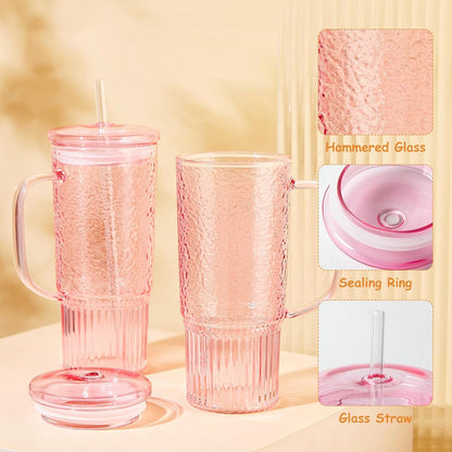 JunVpic Glass Cups with Lids and Straws,24oz Glass Tumbler with Handle Iced Coffee Cup for Coffee,Juice,Tea,Milk,Smoothie,Hot & Cold Drinks (Pink)