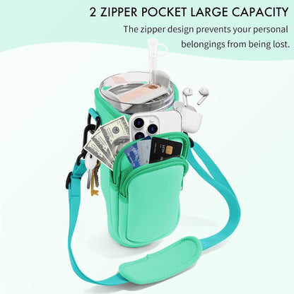 JEBEALUO Water Bottle Carrier Bag with Phone Pocket for Stanley Cup 40/30 oz, Water Bottle Holder with Adjustable Strap& Straw Cover, Stanley Cup Accessories