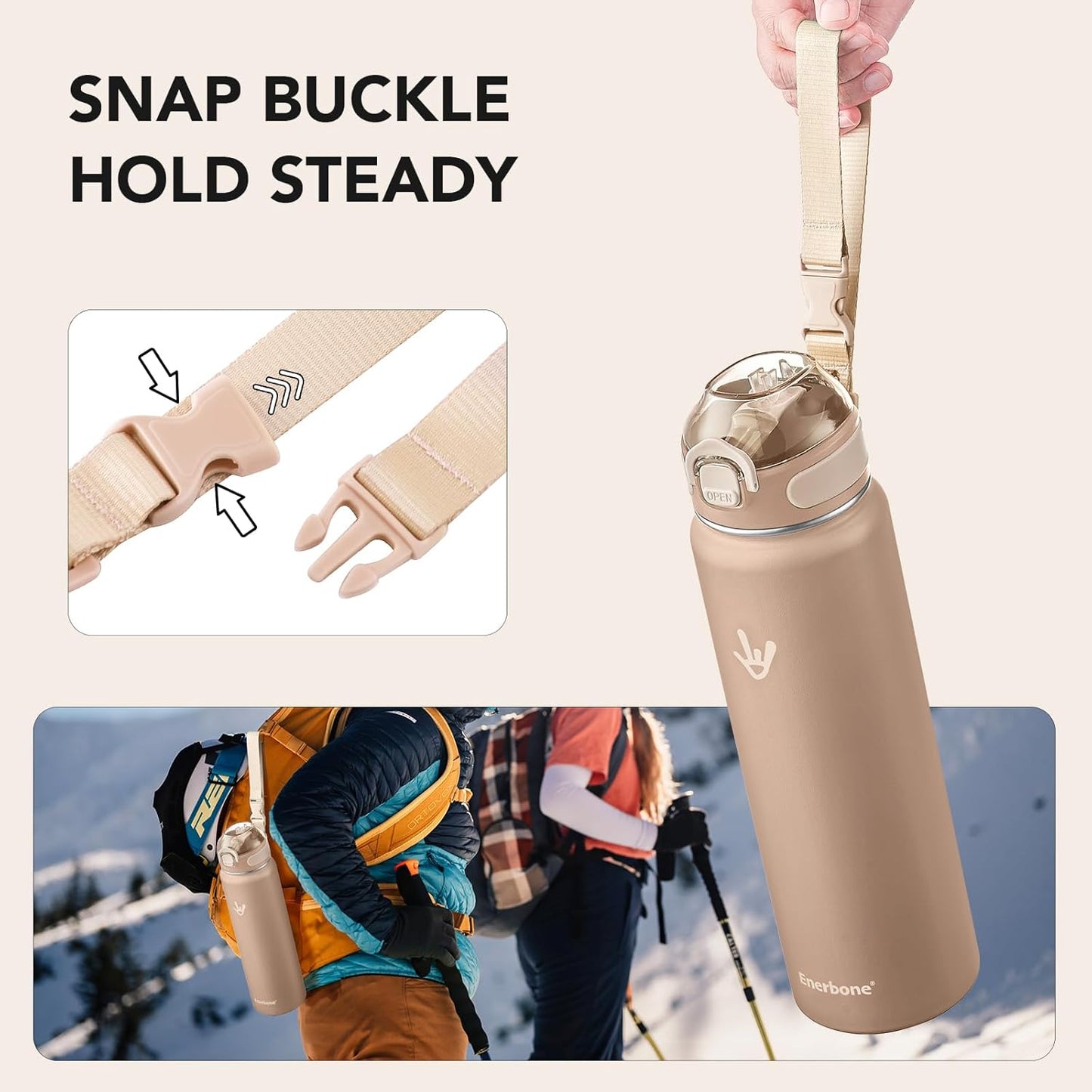 Enerbone 24 oz Insulated Water Bottle, Stainless Steel Bottle with Carrying Strap, Double-Wall Vacuum Insulation Design, Leakproof Sports Bottle with Straw, Keep Drinks Cold or Hot for Hours