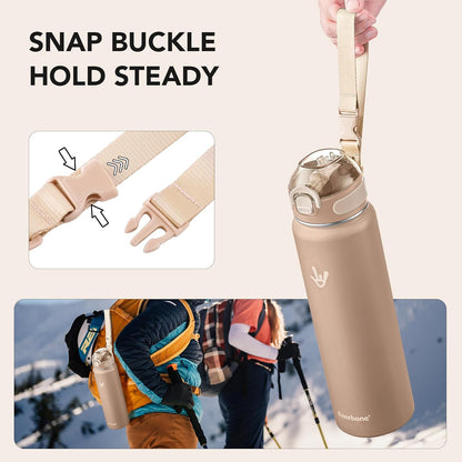Enerbone 24 oz Insulated Water Bottle, Stainless Steel Bottle with Carrying Strap, Double-Wall Vacuum Insulation Design, Leakproof Sports Bottle with Straw, Keep Drinks Cold or Hot for Hours
