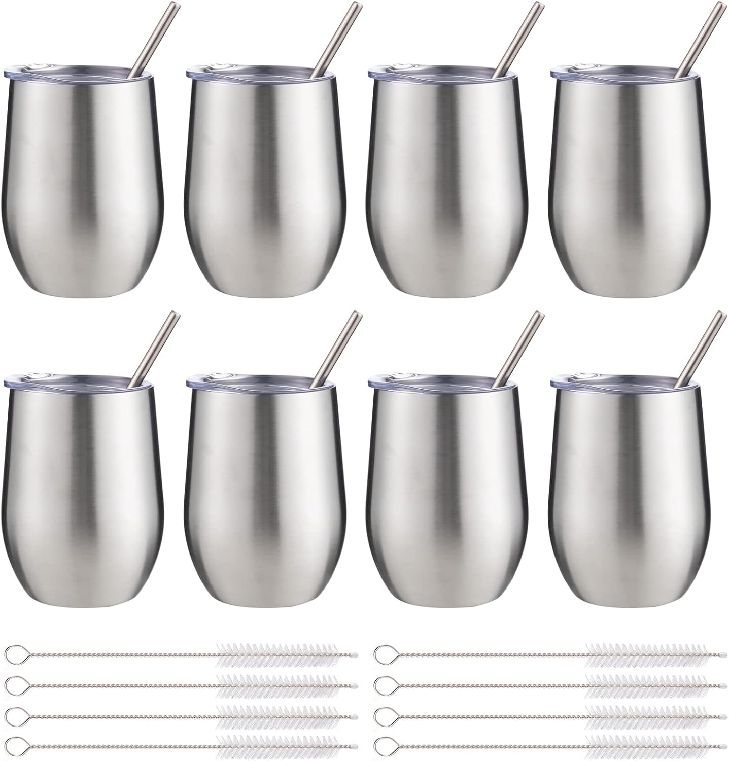 12 oz Insulated Wine Tumbler with Lid and Straw,Stainless Steel Stemless Wine Tumbler Glasses Double Wall Vacuum Wine Cups Tumbler for Coffee,Champaign,Cocktail,Office（Silver,1）