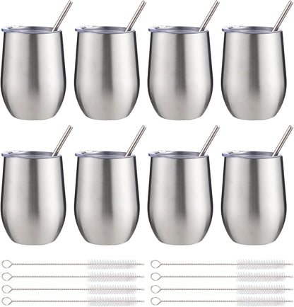 12 oz Insulated Wine Tumbler with Lid and Straw,Stainless Steel Stemless Wine Tumbler Glasses Double Wall Vacuum Wine Cups Tumbler for Coffee,Champaign,Cocktail,Office（Silver,1）
