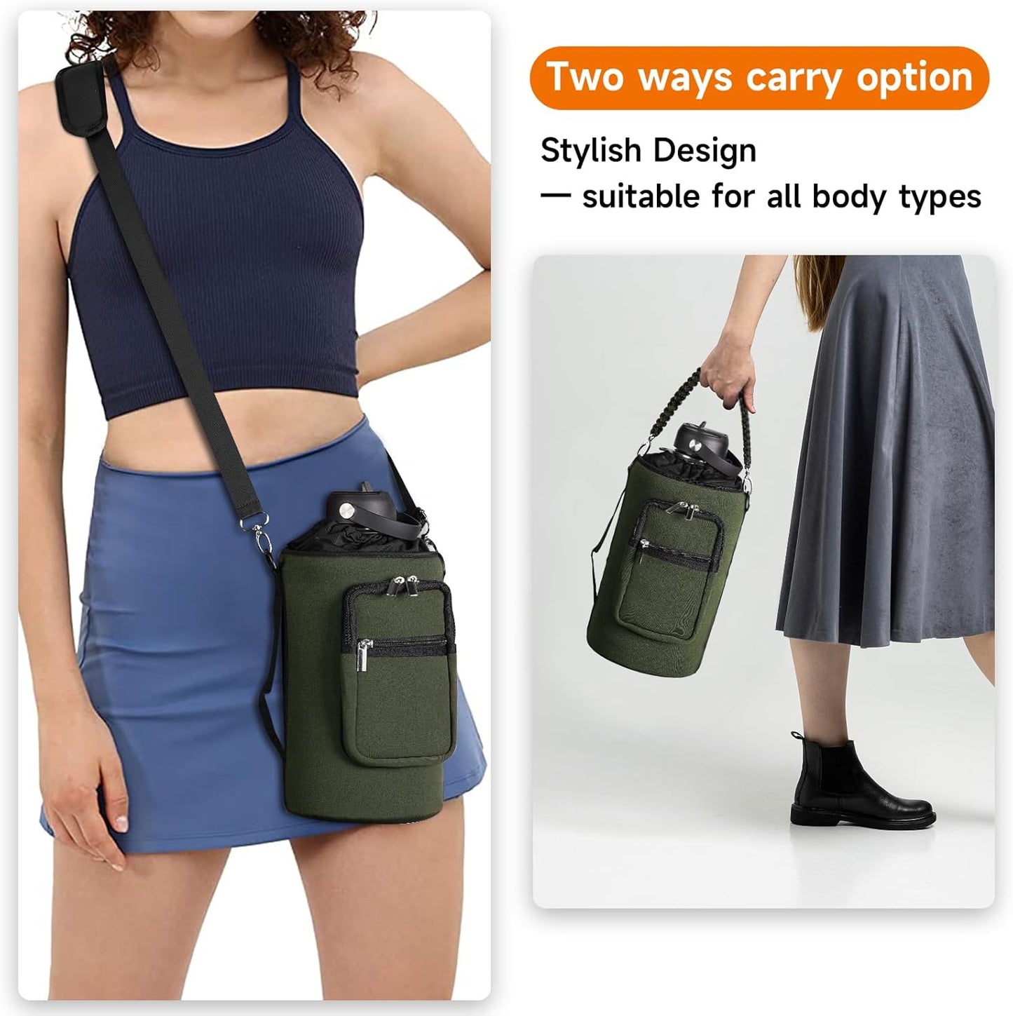 AceTreker 32/40/64/128 oz Neoprene Insulated Water Bottle Carrier Bag, Sling Bag Sleeve Pouch Holder with Strap & Paracord Handle and 2 Pocket for Travelling, Hiking, Camping
