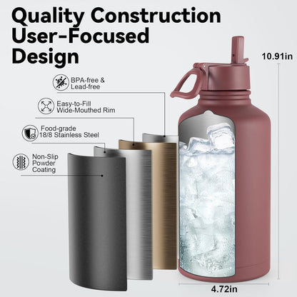 KXIAOCHEN Insulated Water Bottle With Strap, Cold For 48 Hrs Leak Proof, Triple Wall Stainless Steel Sports Water Bottle With Straw And Spout Lid For Gym Hiking Travel