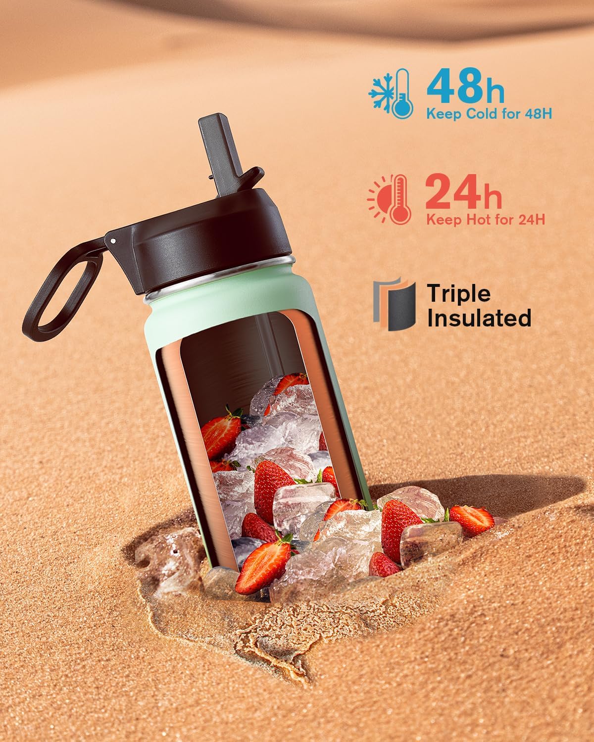 Half Gallon Water Bottle Insulated with Straw & 3 Lids, Coolflask 64 oz Water Jug Large Metal Stainless Steel Wide Mouth for Sports, Gym or Office, Non-BPA Keep Cold 48H Hot 24H, Samurai Cyan